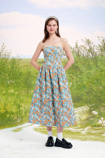 Floral Bustier Midi Dress - 1D0578 - Blue