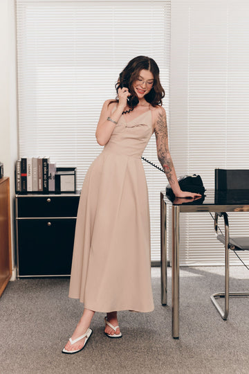 Twist Front Midi Dress - 0D0701 - Beige