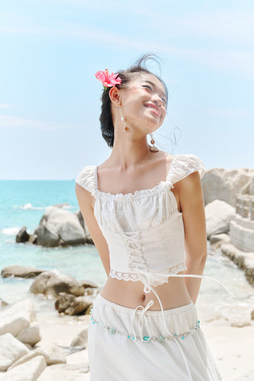 Lace Trim Ruched Bust Blouse - 1T0883 - White