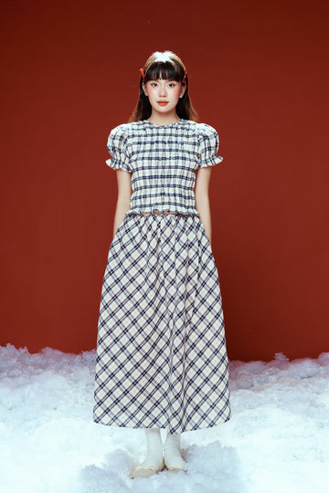 Checkered Midi Skirt - 1S0253 - Navy Blue