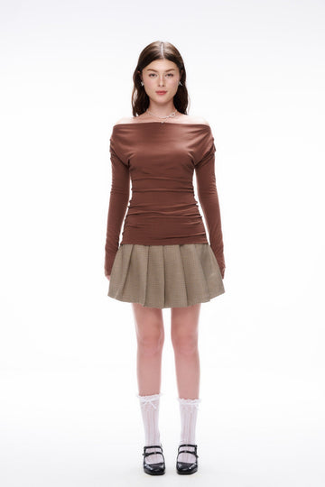 Off-Shoulder Long Sleeve Top - 0T1040 - Brown