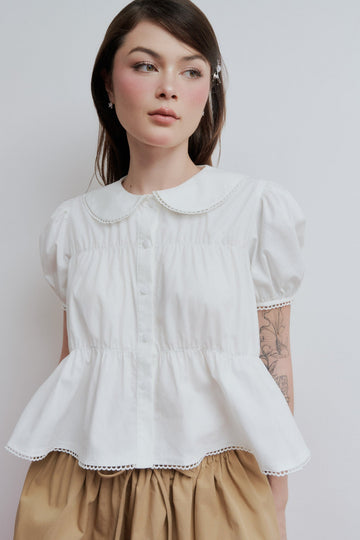 Peter Pan Collar Puff Sleeve Blouse - 2T1053 - White
