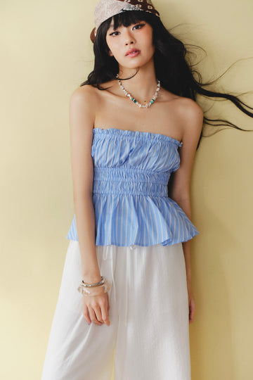 Striped tube top with elastic - 0T1108 - Navy blue