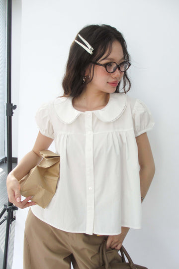 Puff sleeve top with scalloped collar - 0T1117 - White