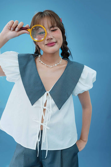 Puff Sleeve Mixed Fabric Blouse - 0T1119 - Cream White