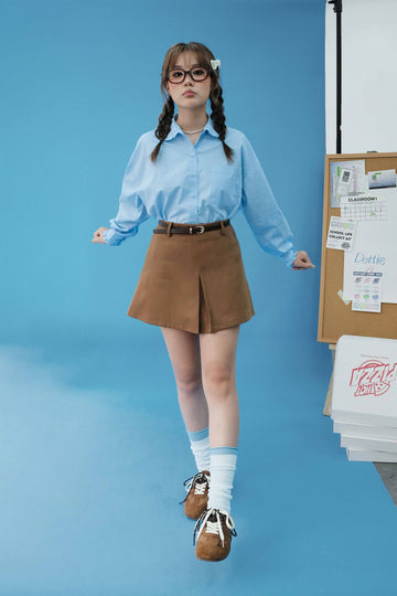 Short Pleated Skirt with Belt - 0S0290 - Brown