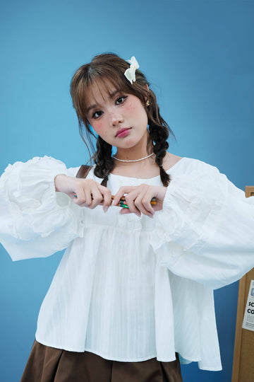 Puff Sleeve Ruffle Trim Top - 0T1124 - Cream White