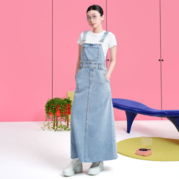 Denim Pinafore Midi Dress - 1D0529 - Light Blue