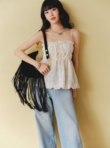 Two-strap bow-tie eyelet top - 0T1107 - Cream white