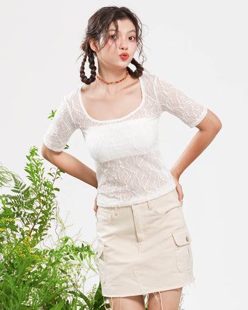 Square Neck Lace Short Sleeve Top - 0T0804 - White