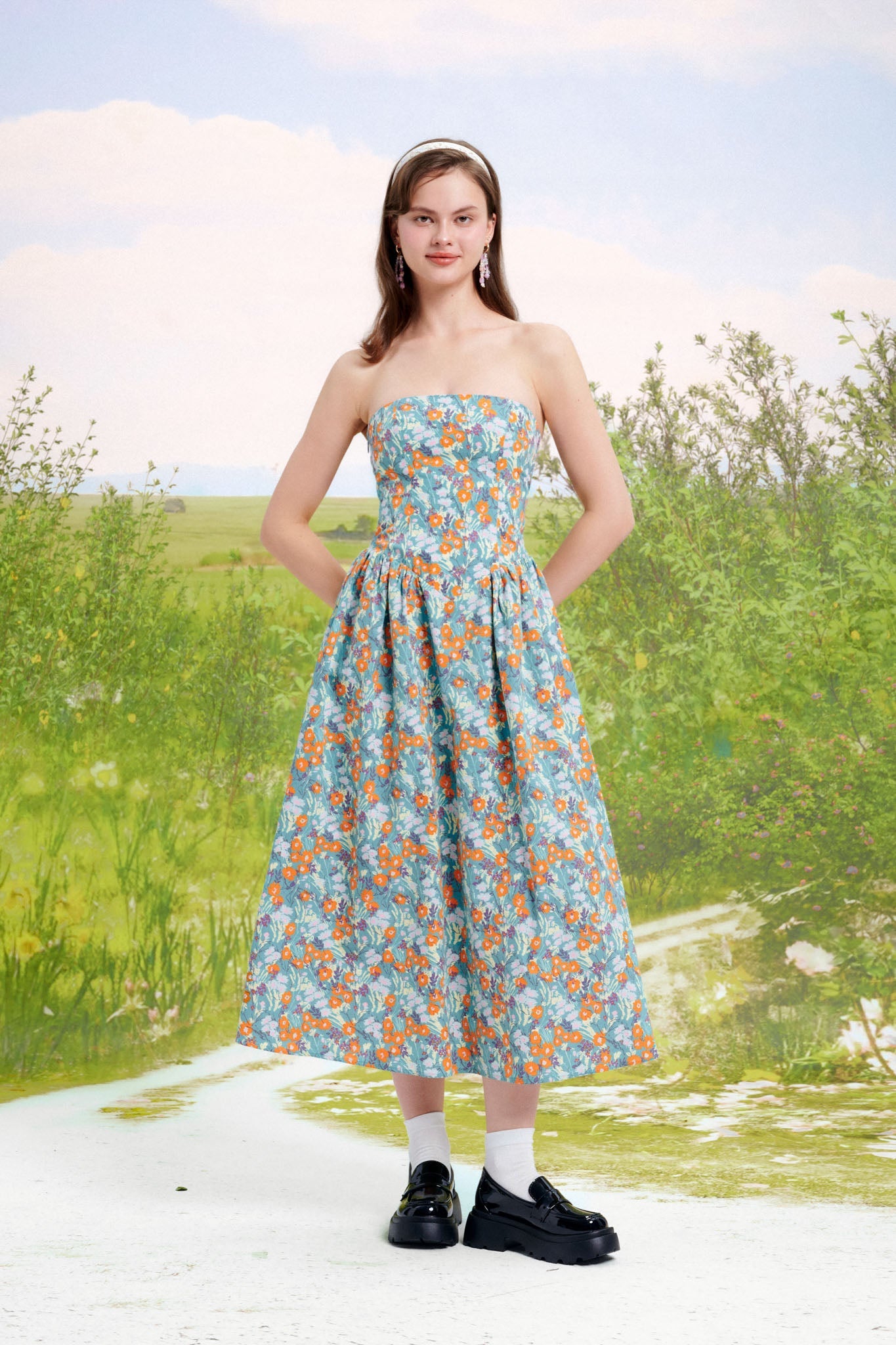 Floral Bustier Midi Dress - 1D0578 - Blue