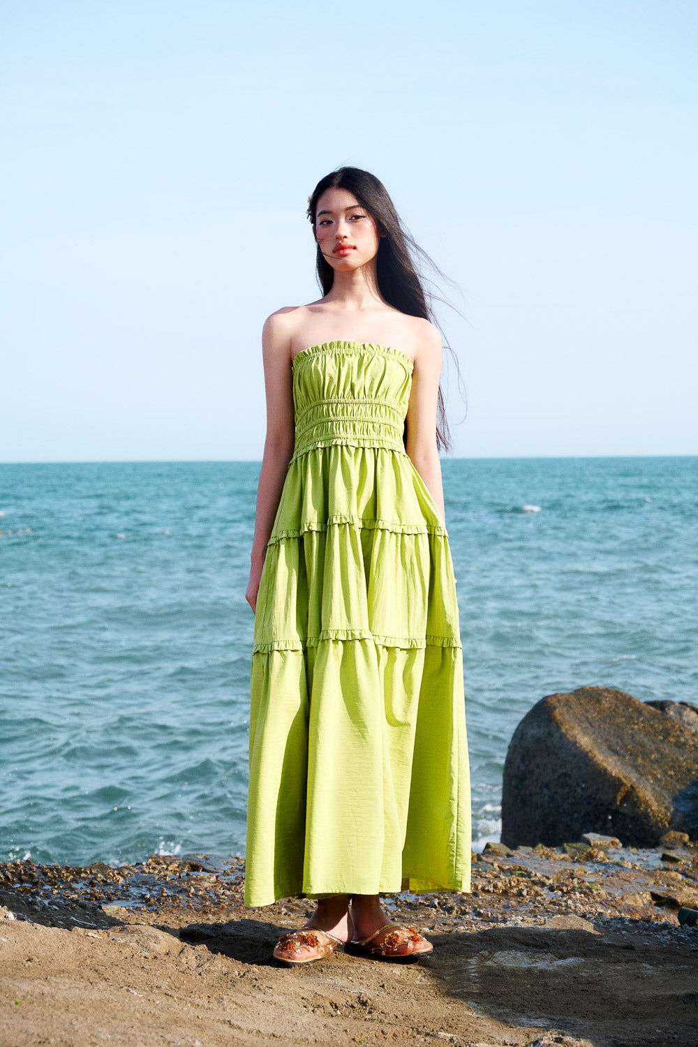 Strapless Cinched Waist Maxi Dress - 0D0597 - Green