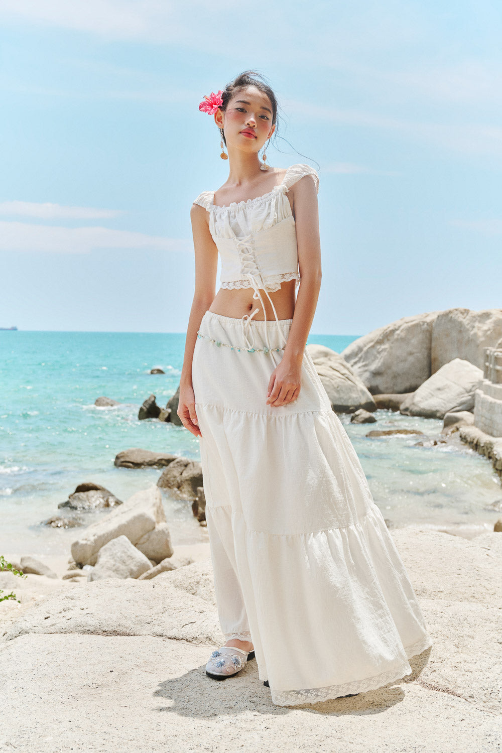 Lace Trim Ruched Bust Blouse - 1T0883 - White