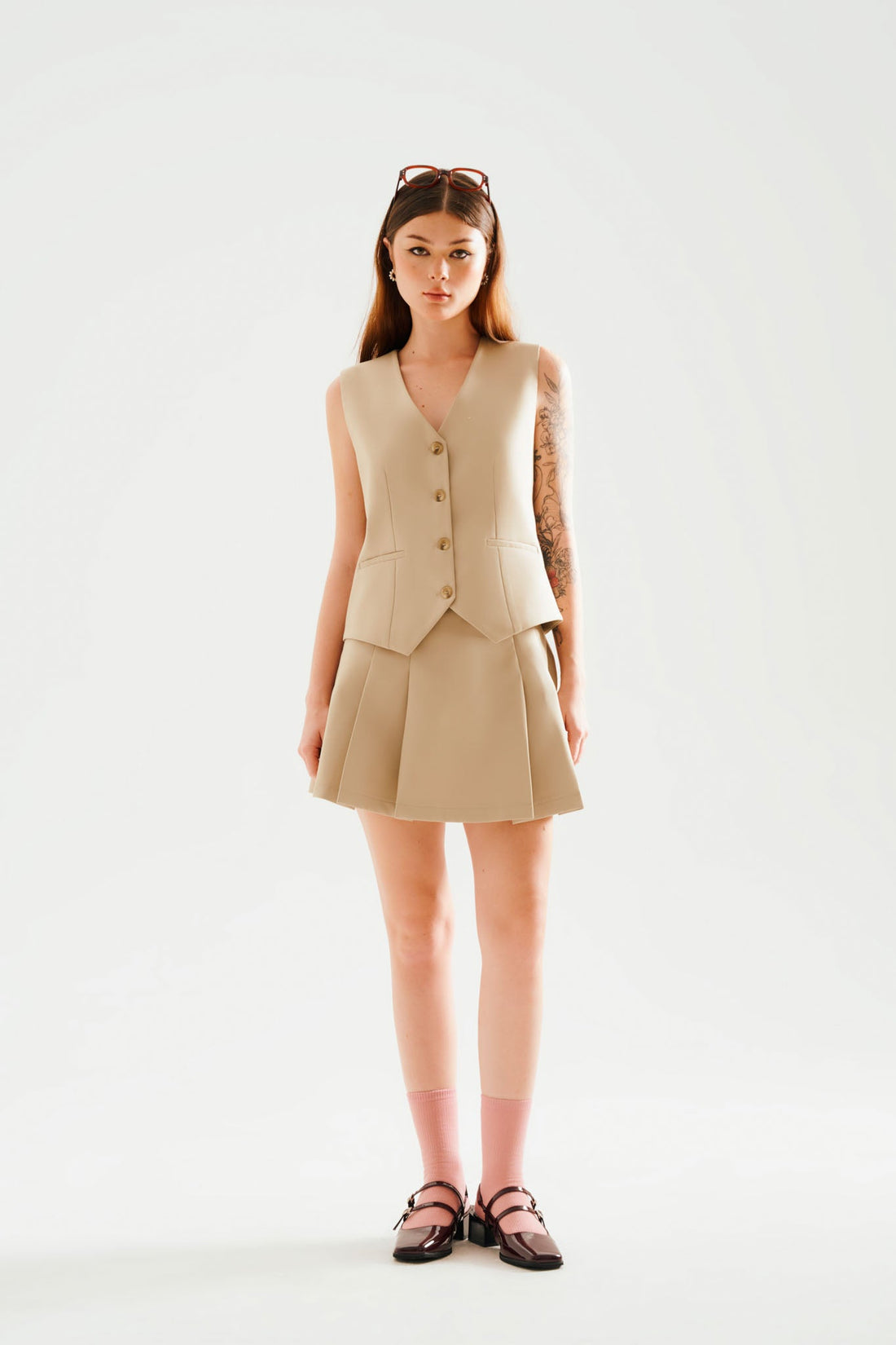 Pleated Mini Skirt - 3S0248 - Beige