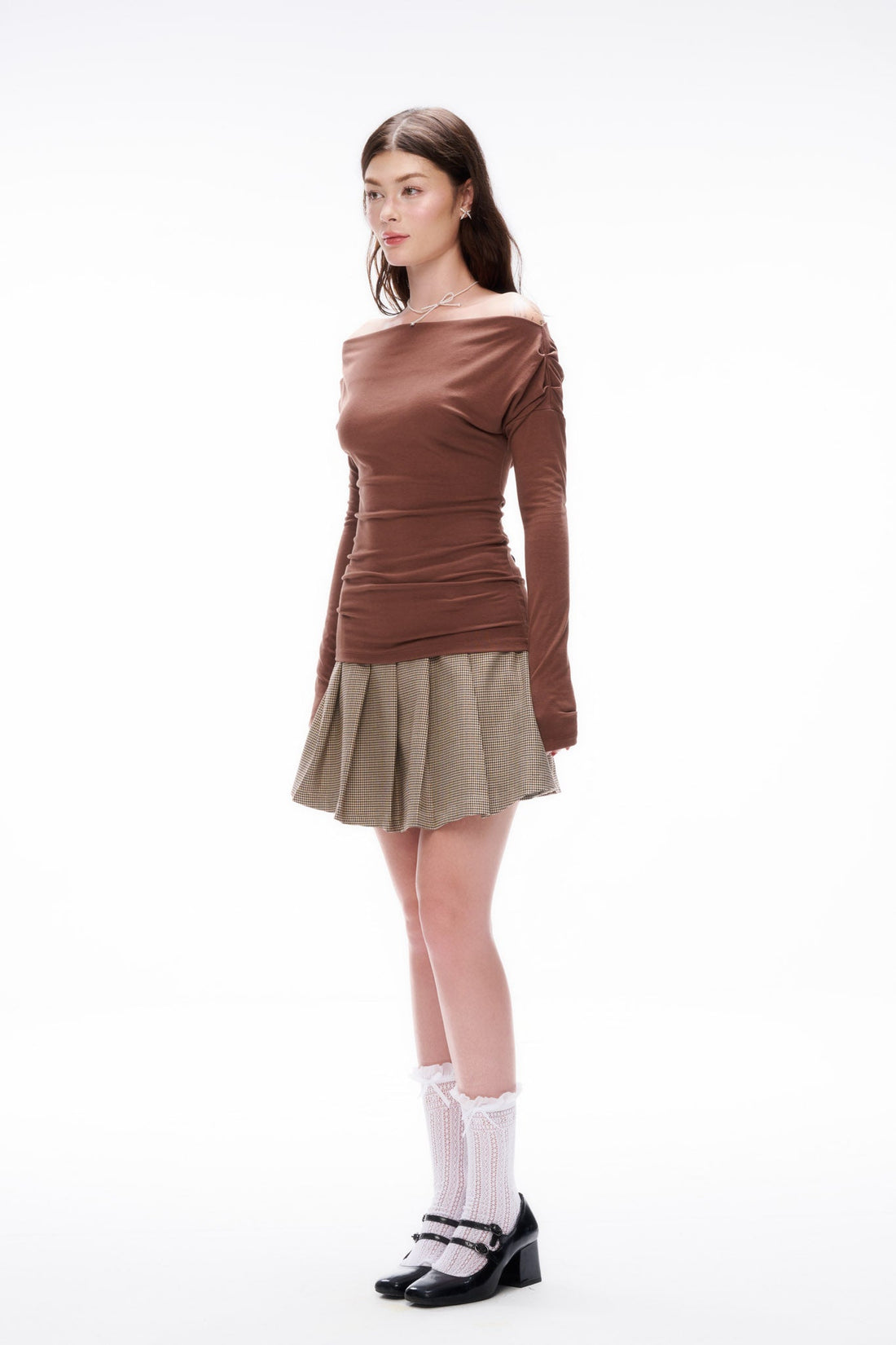 Off-Shoulder Long Sleeve Top - 0T1040 - Brown