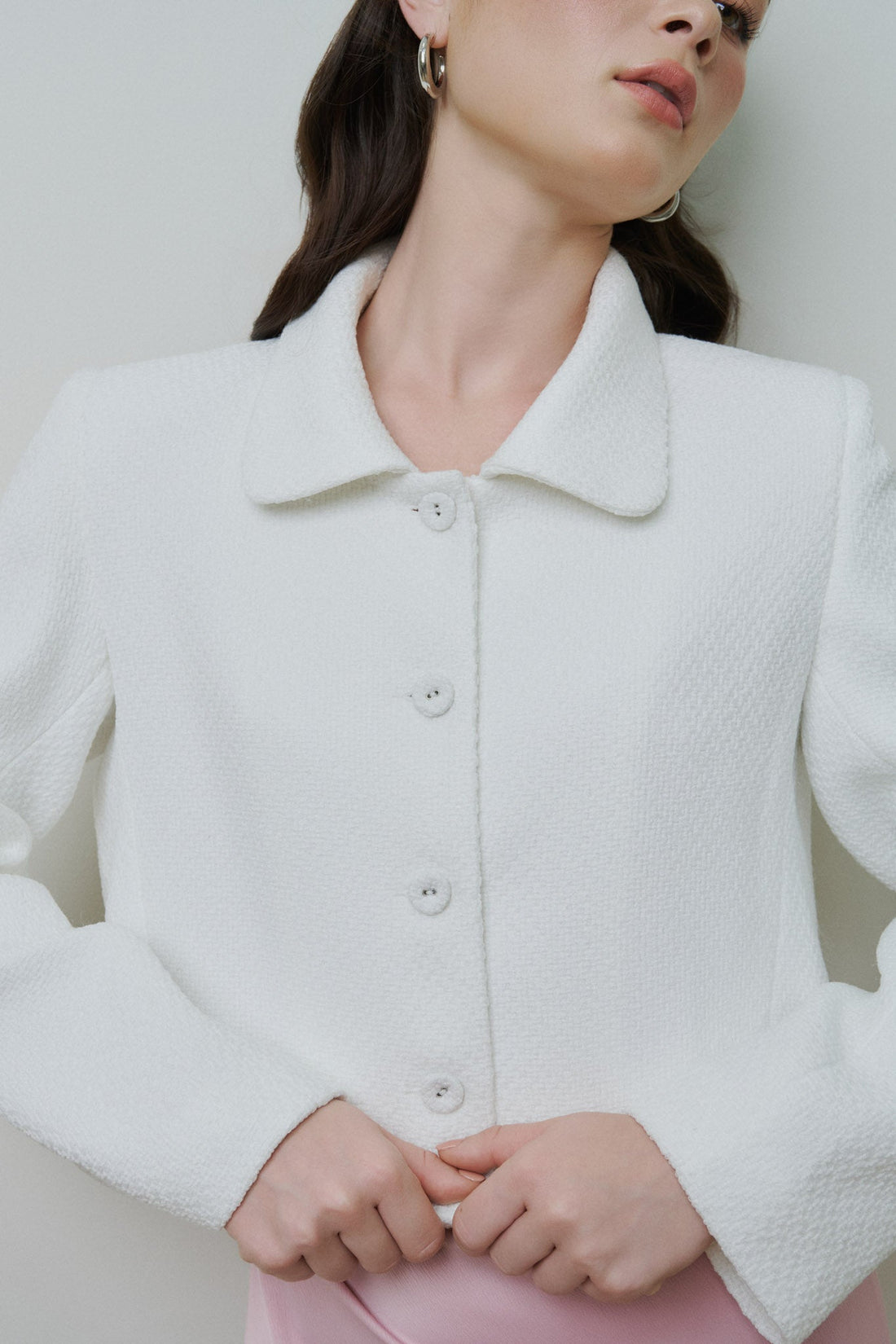 Cropped Tweed Blazer Jacket - 0T1045 - White