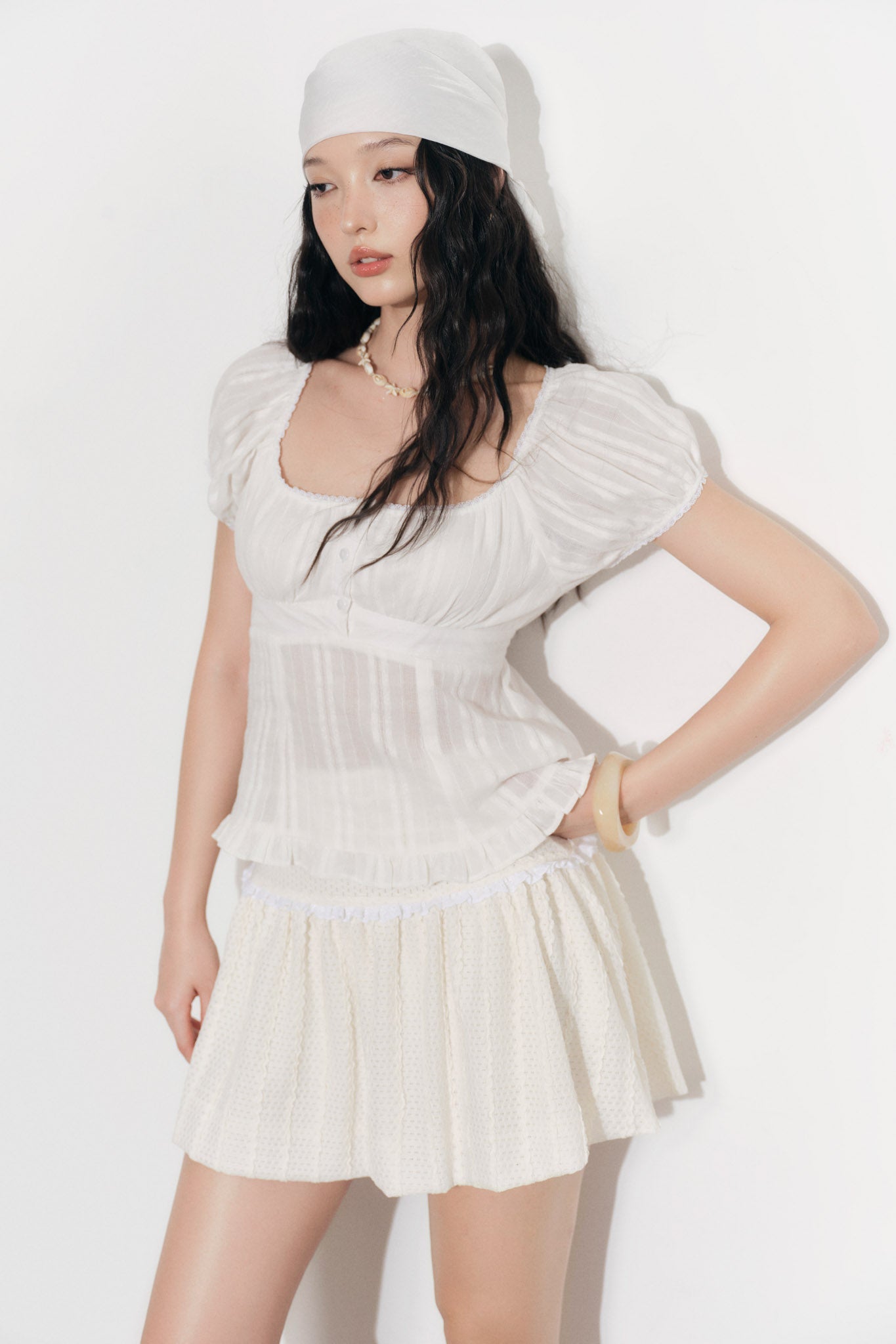 Ruffle Trim Button-Up Blouse - 0T1077 - White