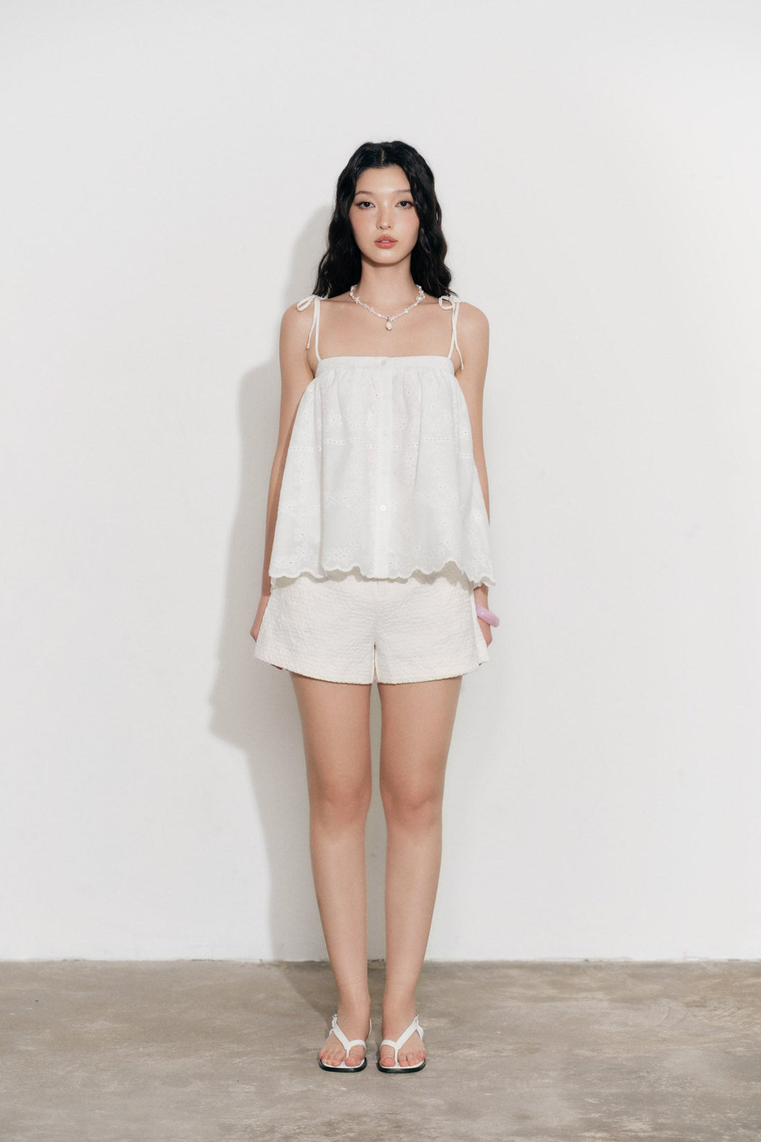 Pleated Textured Fabric Shorts - 0Q0383 - Cream White