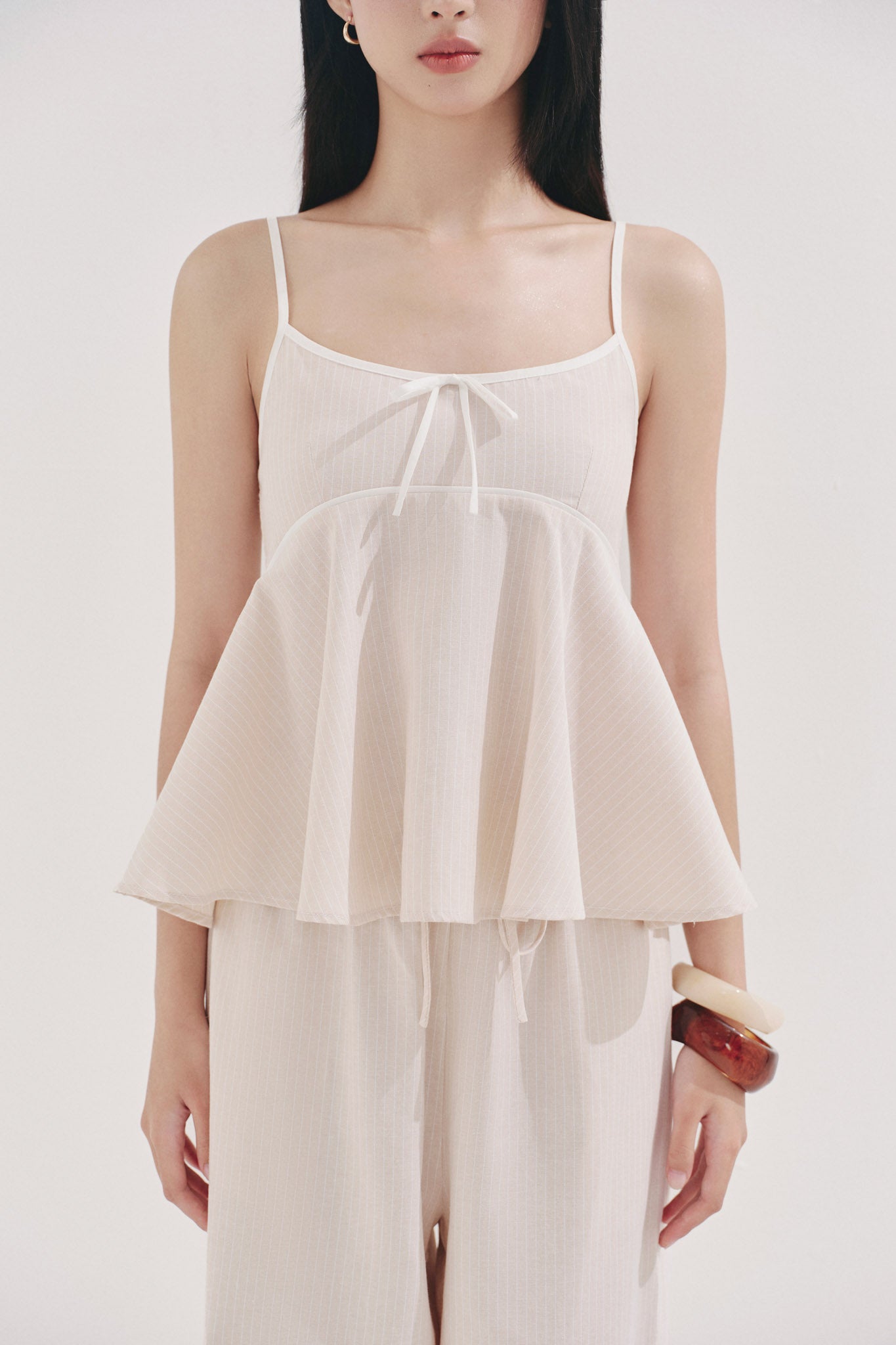 Striped Mixed Fabric Camisole - T1106 - Beige