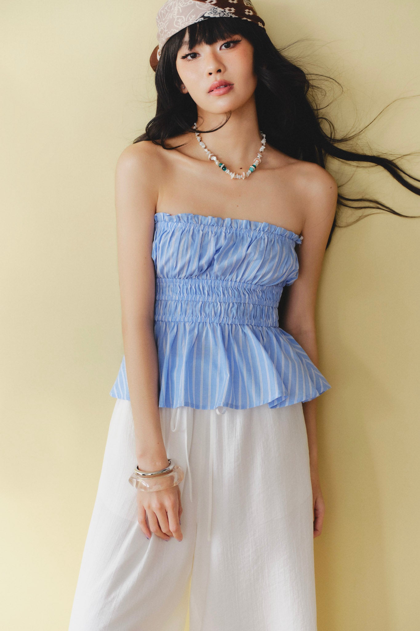 Striped tube top with elastic - 0T1108 - Navy blue
