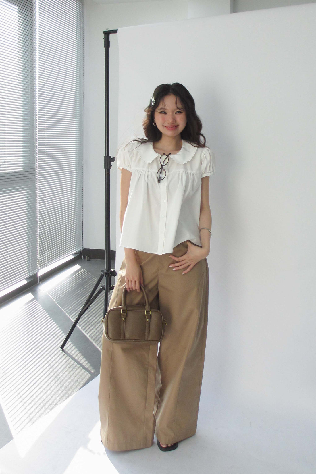 Puff sleeve top with scalloped collar - 0T1117 - White