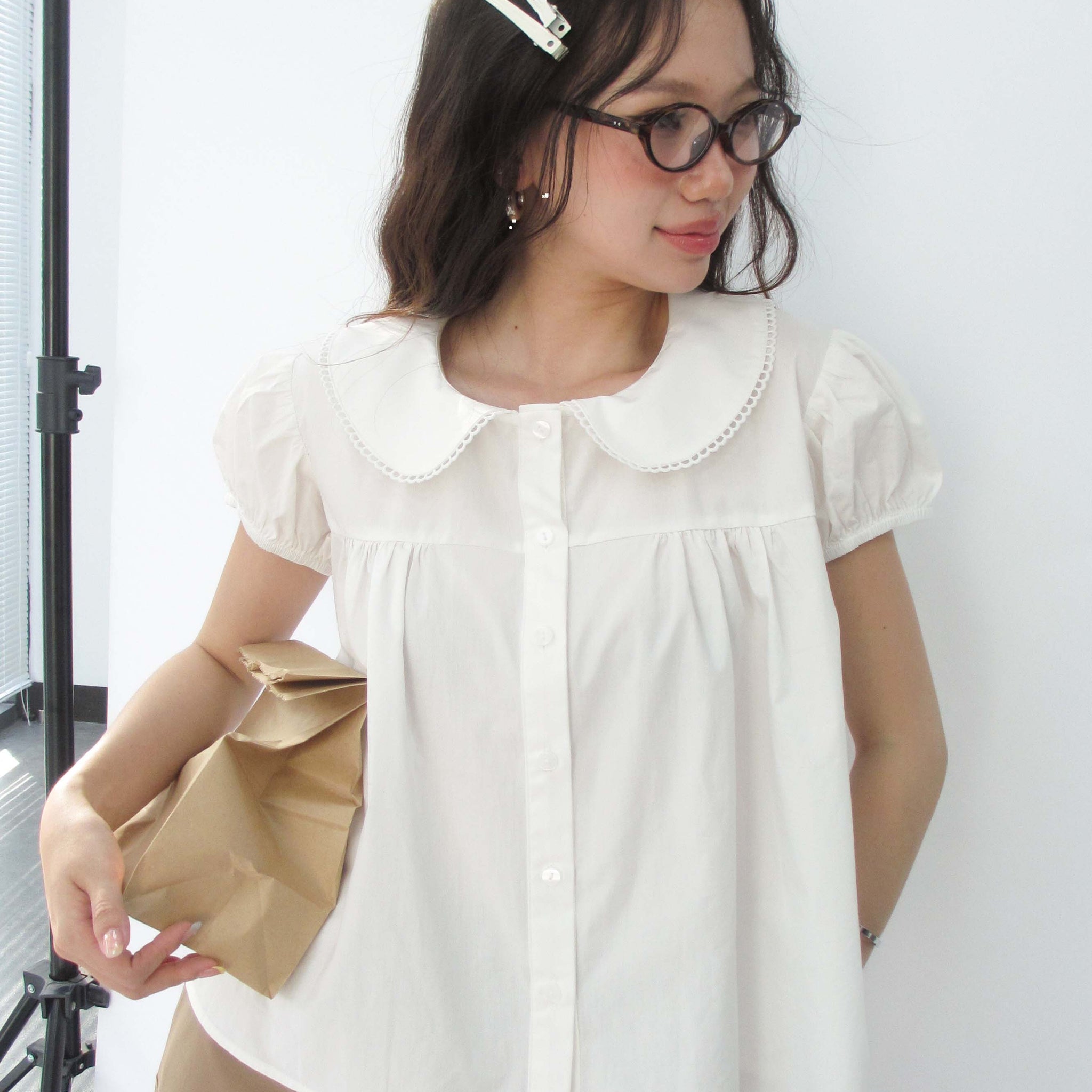 Puff sleeve top with scalloped collar - 0T1117 - White