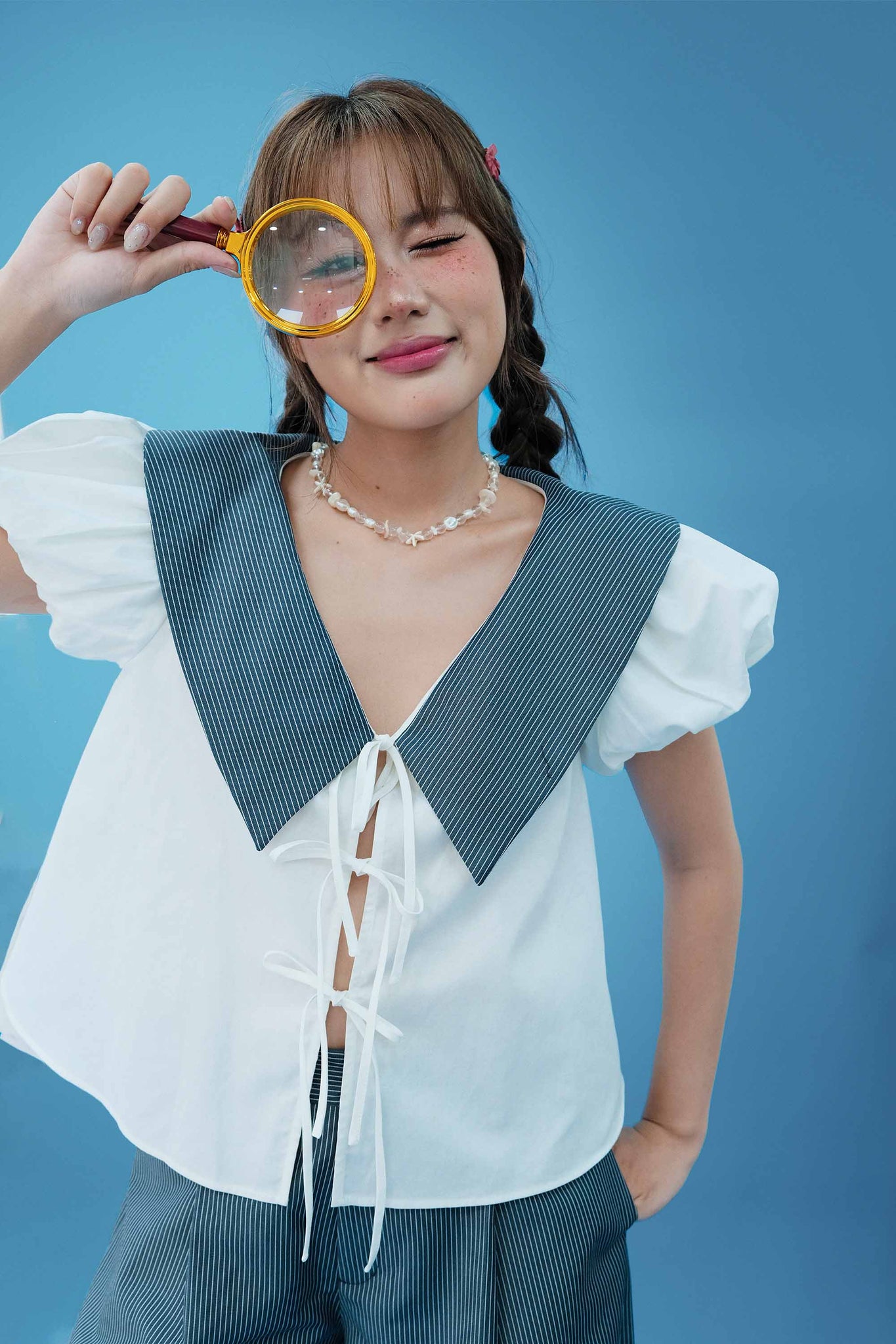 Puff Sleeve Mixed Fabric Blouse - 0T1119 - Cream White