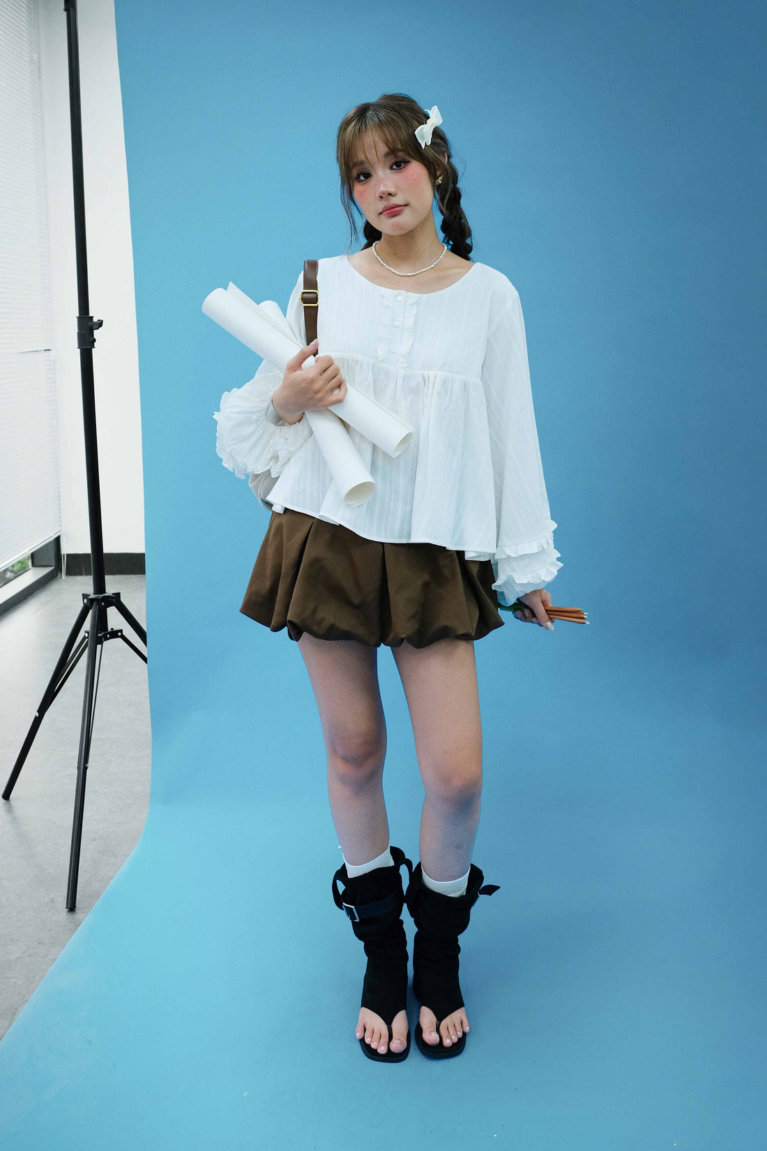 Puff Sleeve Ruffle Trim Top - 0T1124 - Cream White