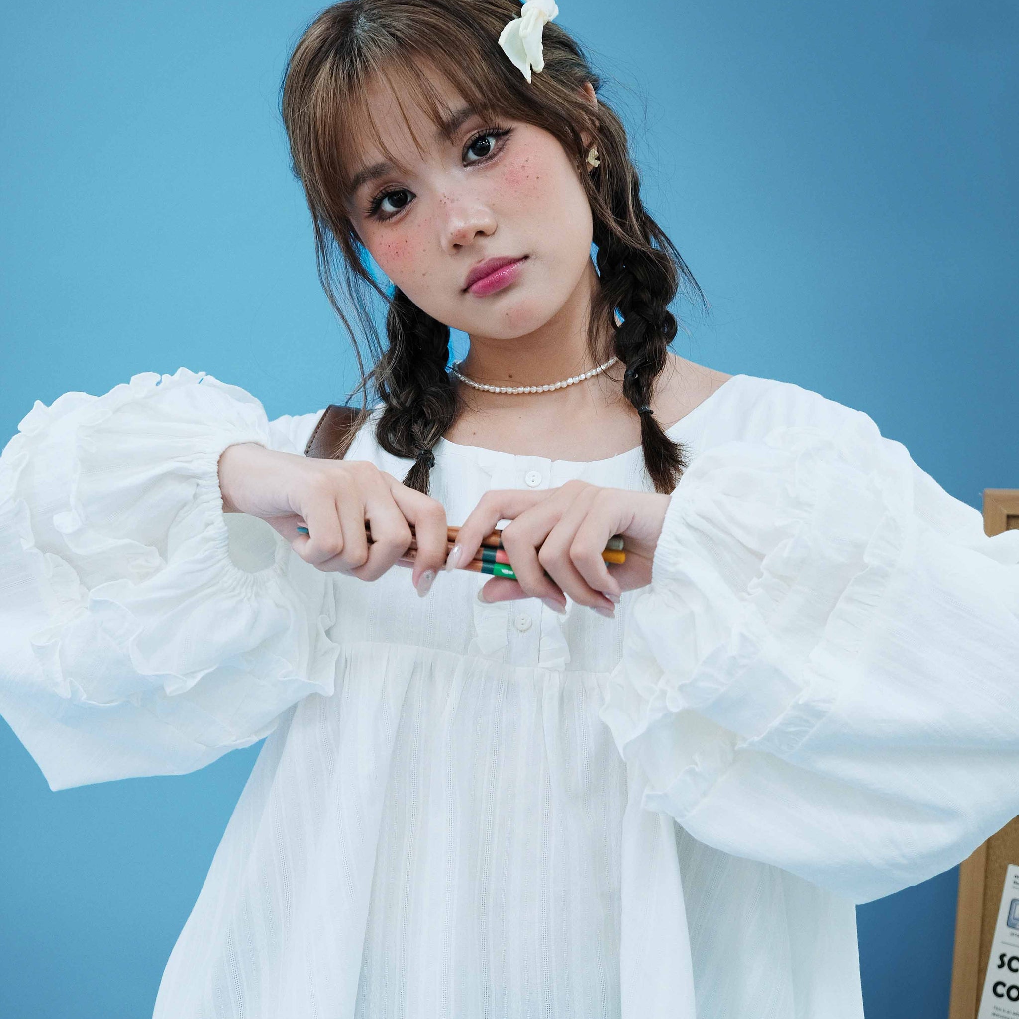 Puff Sleeve Ruffle Trim Top - 0T1124 - Cream White
