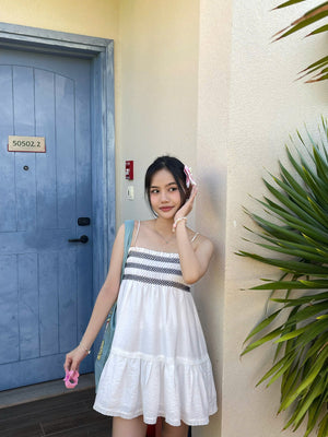 Customer wearing Smocked Bodice Mini Dress - 0D0697 - White