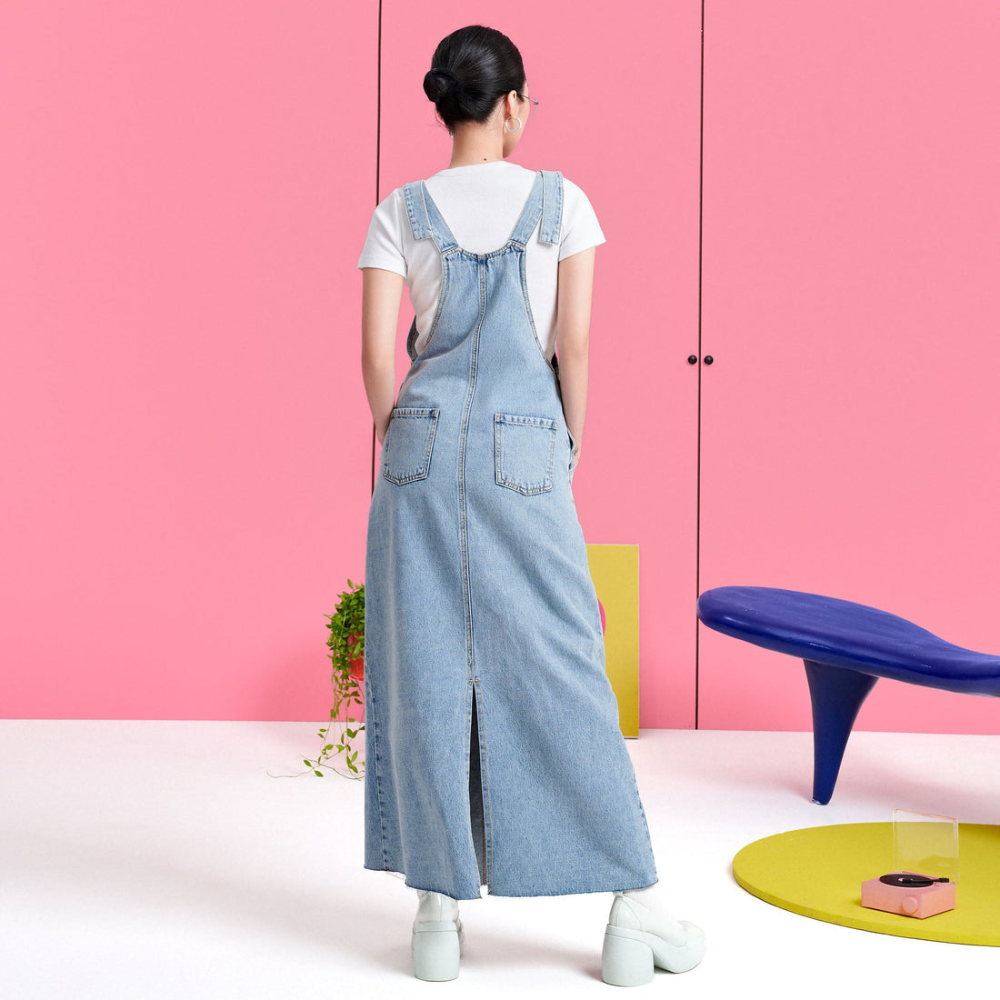 Denim Pinafore Midi Dress - 1D0529 - Light Blue