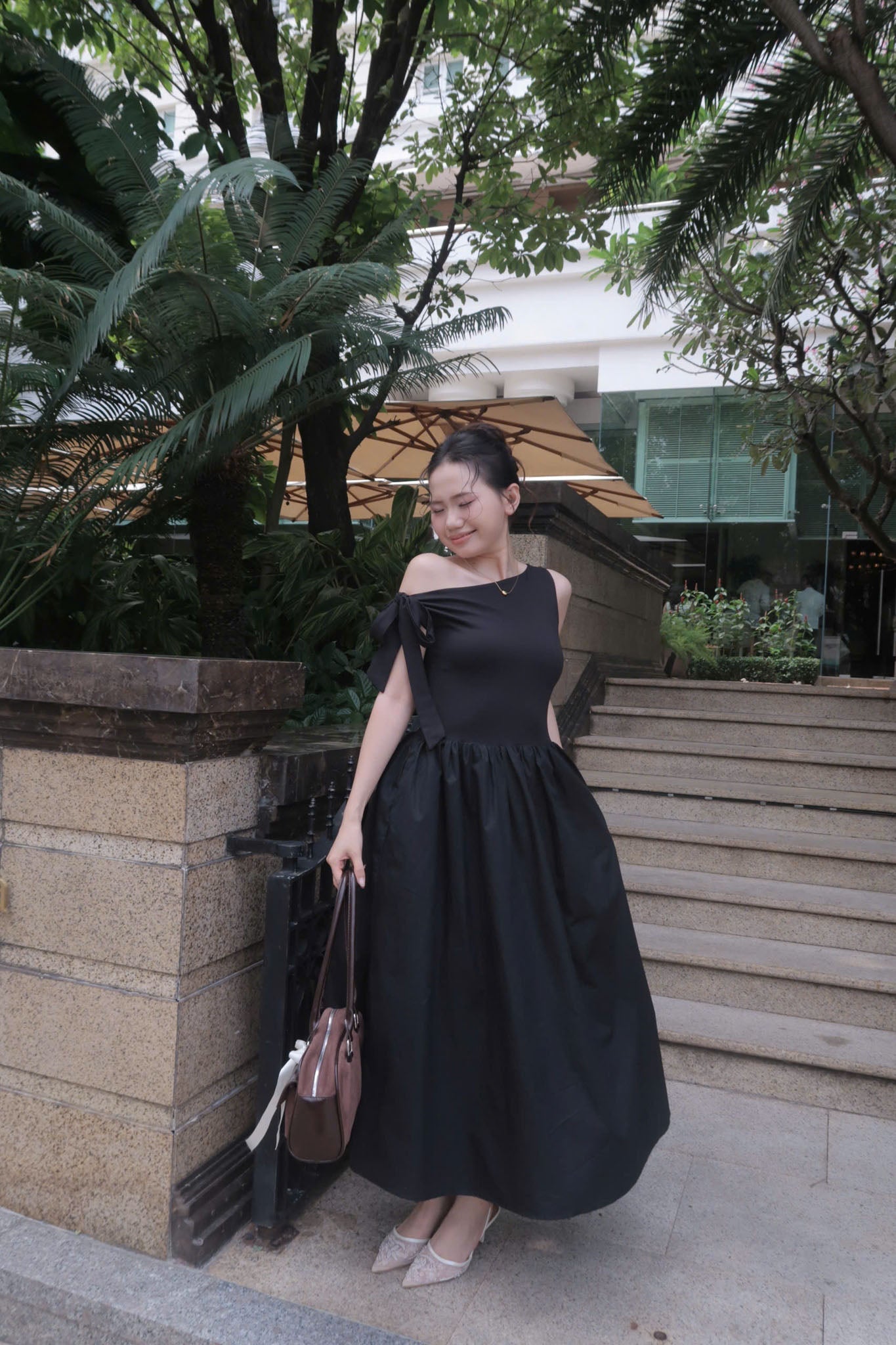 Off-Shoulder Poplin Midi Dress - 1D0679 - Black
