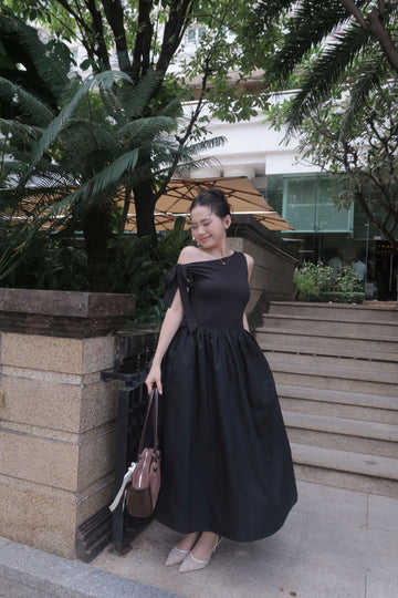 Off-Shoulder Poplin Midi Dress - 1D0679 - Black
