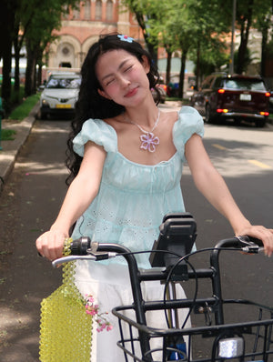 Customer wearing Ruched Bust Flare Top - 0T1093 - Turquoise