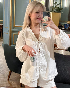 Customer wearing Long Sleeve Ruffle Detail Top - 0T1099 - White