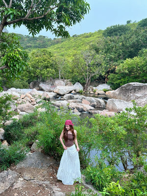 Customer wearing Gathered Strapless Top - T1100 - Brown