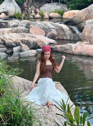 Customer wearing Gathered Strapless Top - T1100 - Brown