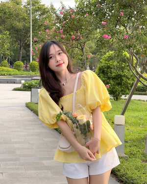 Customer wearing Puff Sleeve Babydoll Top - 6T0489 - Yellow