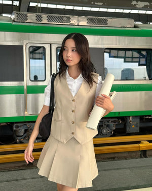 Customer wearing Pleated Mini Skirt - 3S0248 - Beige