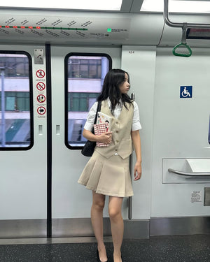 Customer wearing Pleated Mini Skirt - 3S0248 - Beige