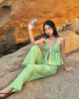 Customer wearing Striped Halter Top - 0T0908 - Green