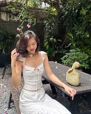 Customer wearing Ruched Bust Fairy Sleeve Blouse - 2T0884 - White