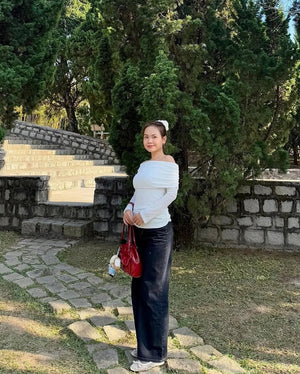 Customer wearing Off-Shoulder Long Sleeve Top - 4T0999 - White