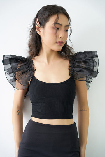 Mixed Fabric Bell Sleeve Top - 0T0707 - Black