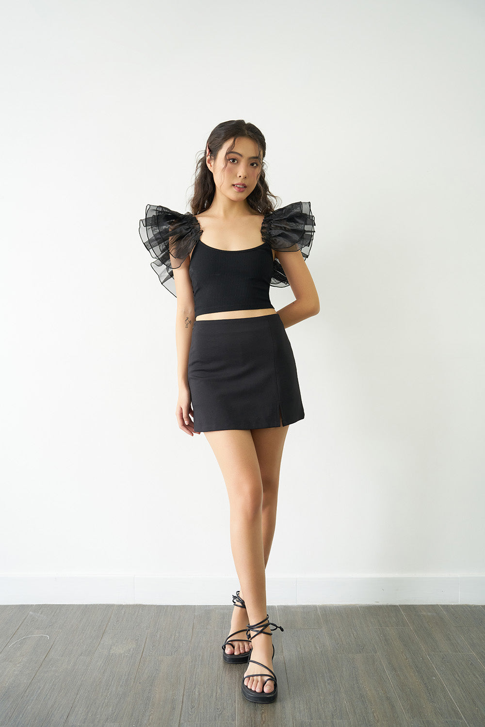 Mixed Fabric Bell Sleeve Top - 0T0707 - Black