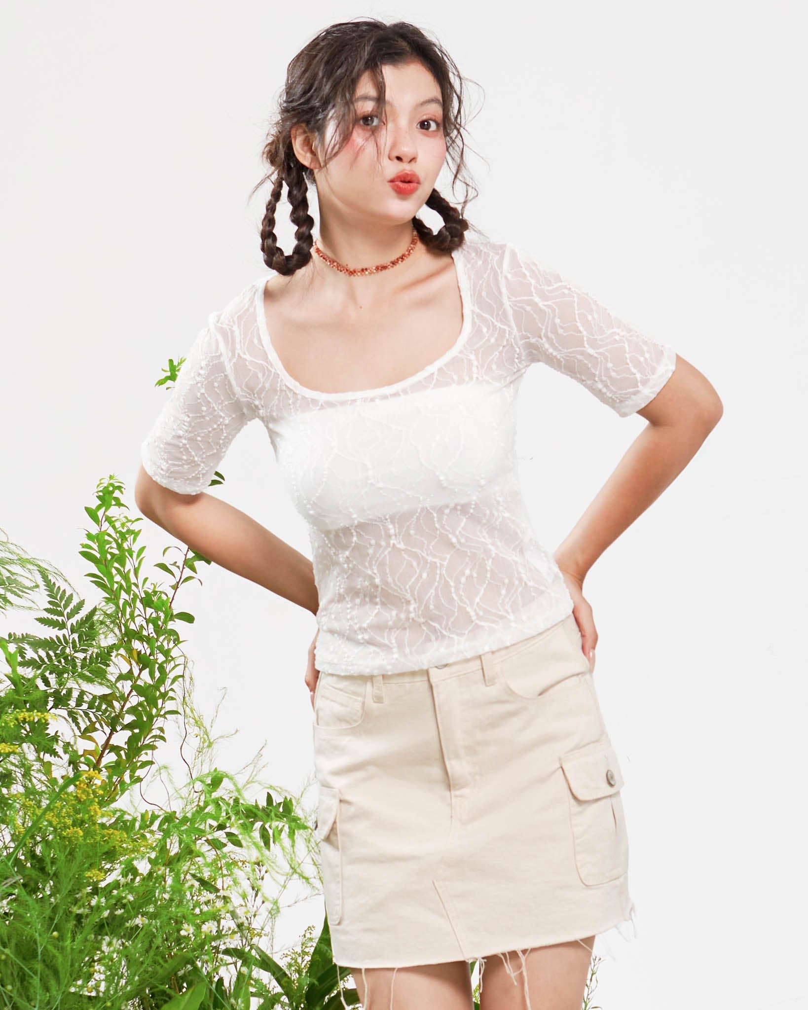 Square Neck Lace Short Sleeve Top - 0T0804 - White